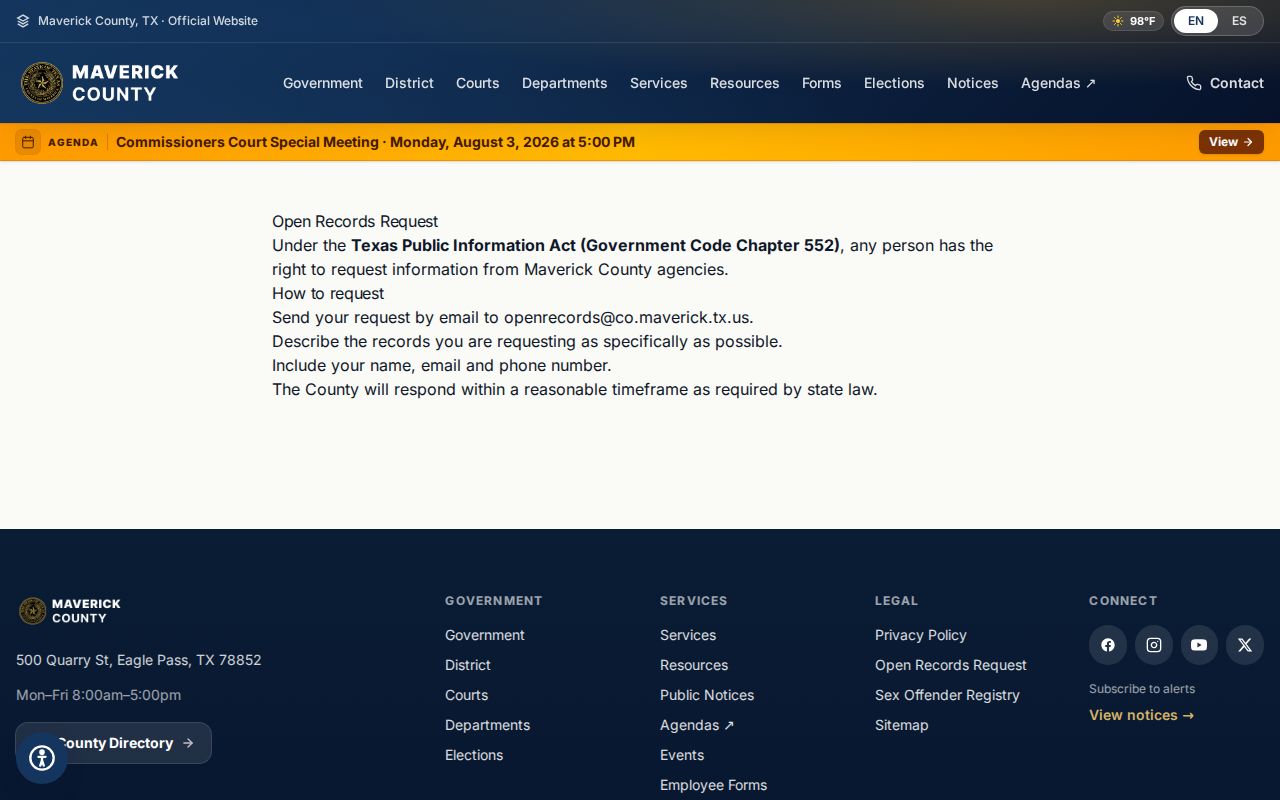 Maverick County released inmate open records request page